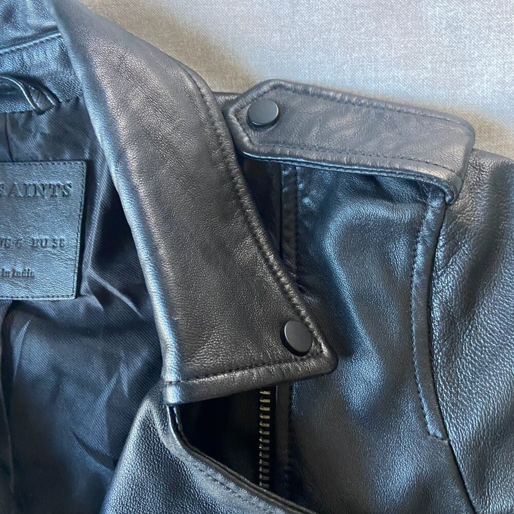 AllSaints Balfern Black Biker Cropped Belted Leather Jacket $528 New Sz 6 - Picture 15 of 16